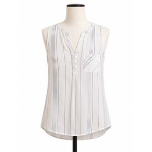 Studio Petite JPR Womens PM‎ White Navy Striped Sleeveless Split Neck Blouse Top